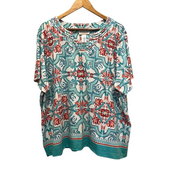 Alfred Dunner Tops - ALFRED DUNNER Multicolor Tunic Top Plus Sz 3X Stud Accent Neck Southwest Boho